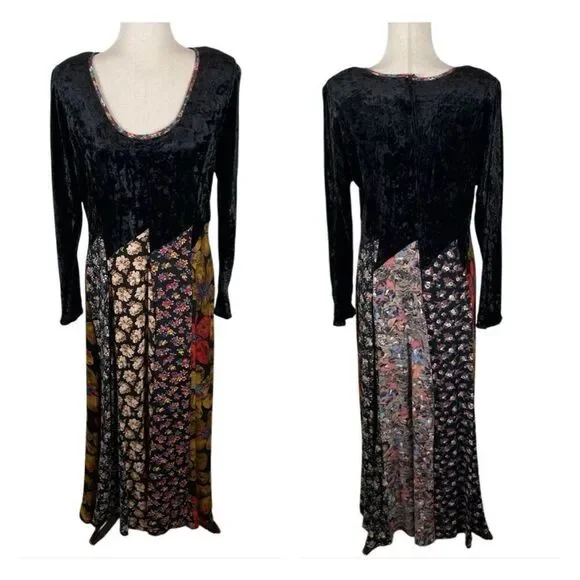 Vintage Handmade Patchwork Whimsygoth  Hippie Maxi Dress Long Sleeve Velvet - Picture 2 of 12